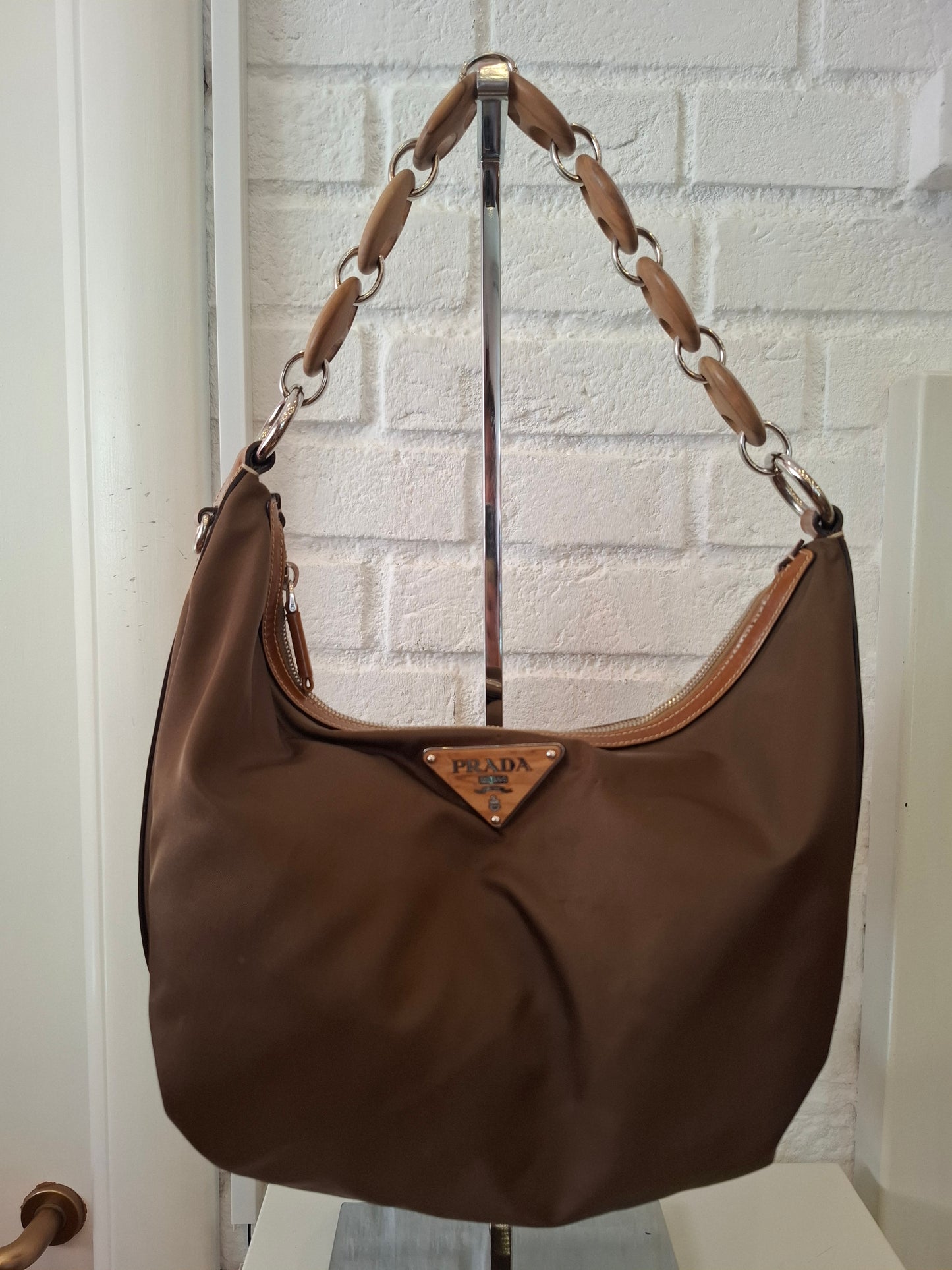 Borsa Prada marrone insertinin legno