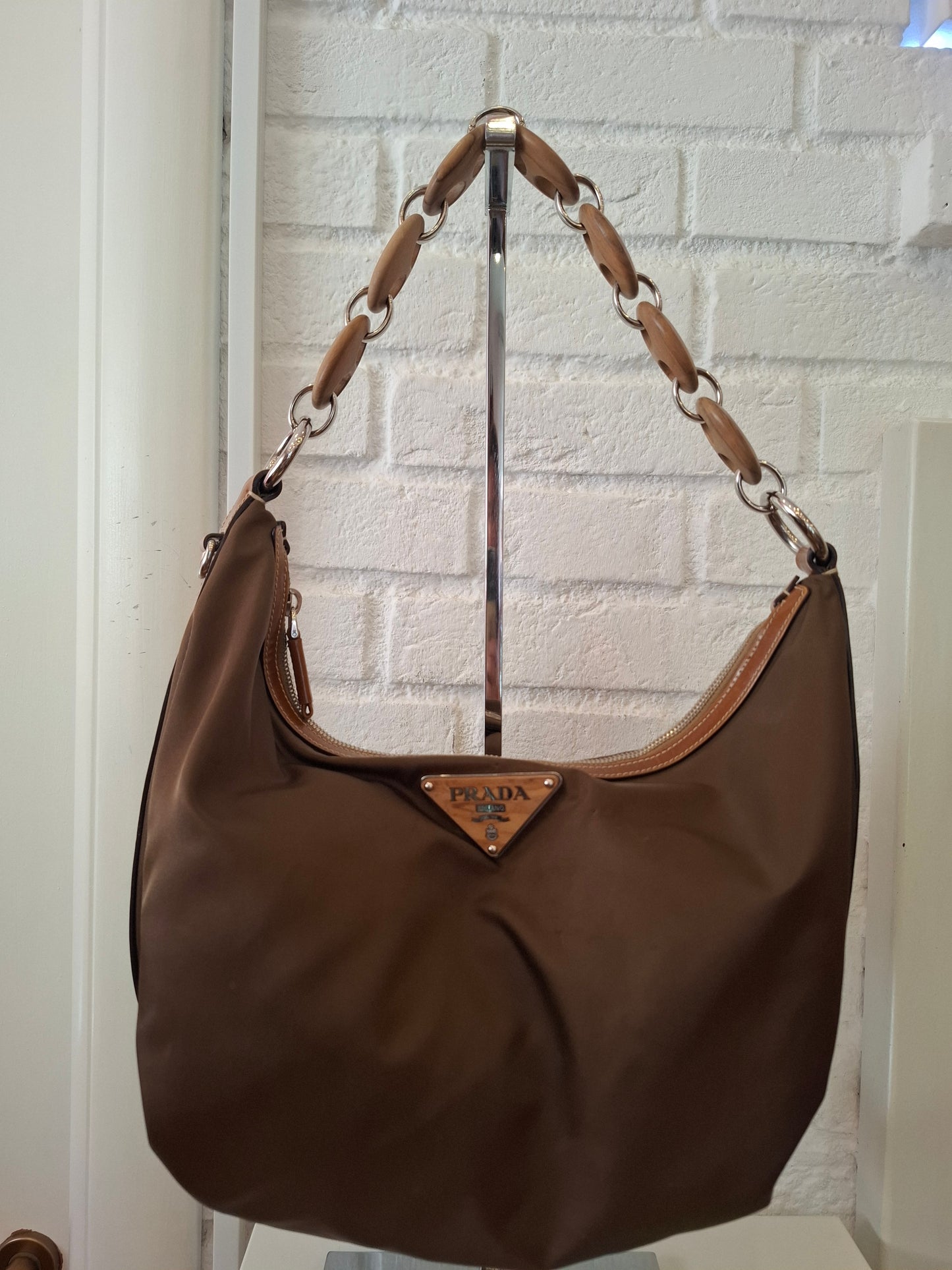 Borsa Prada marrone insertinin legno