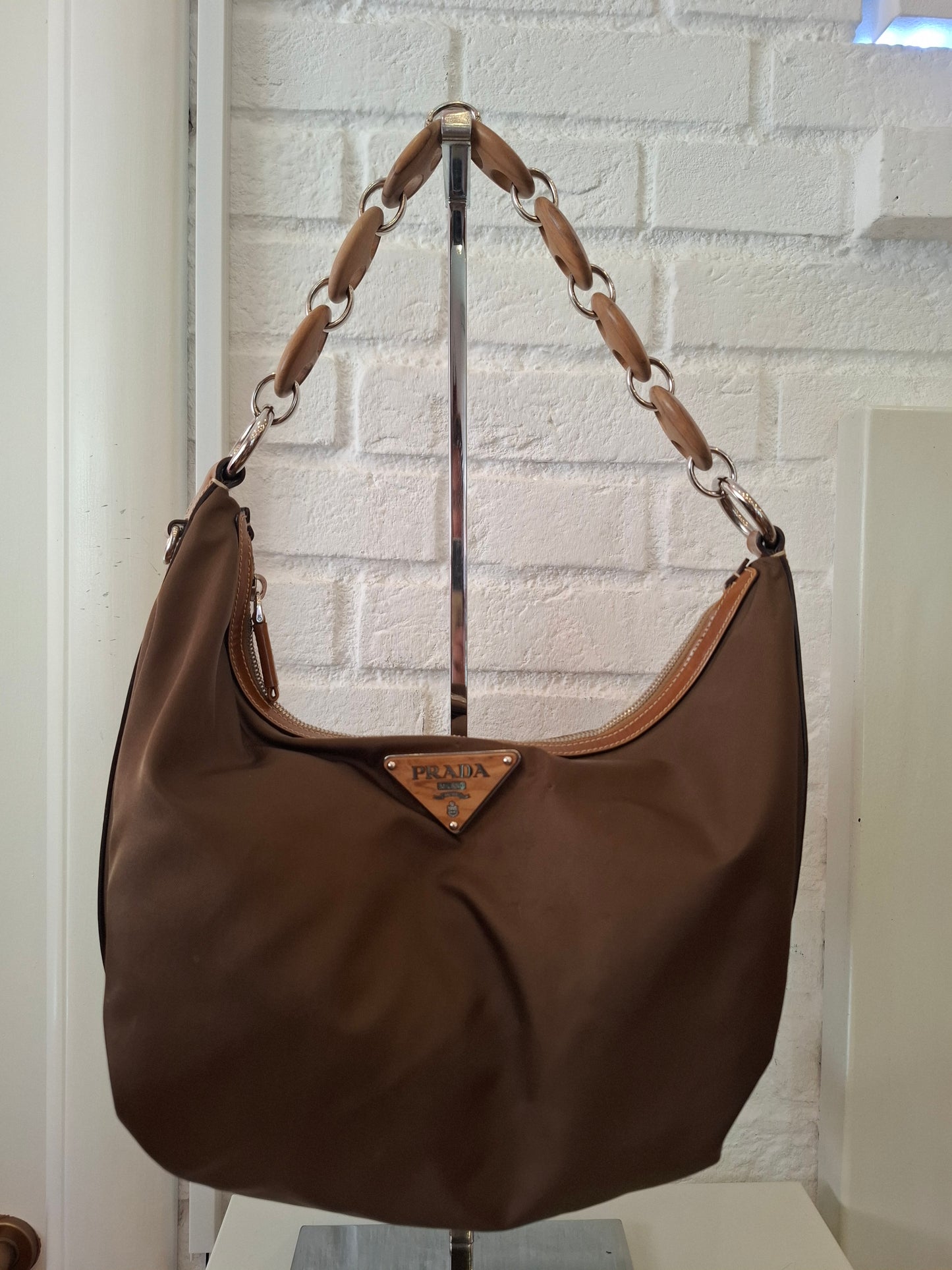 Borsa Prada marrone insertinin legno