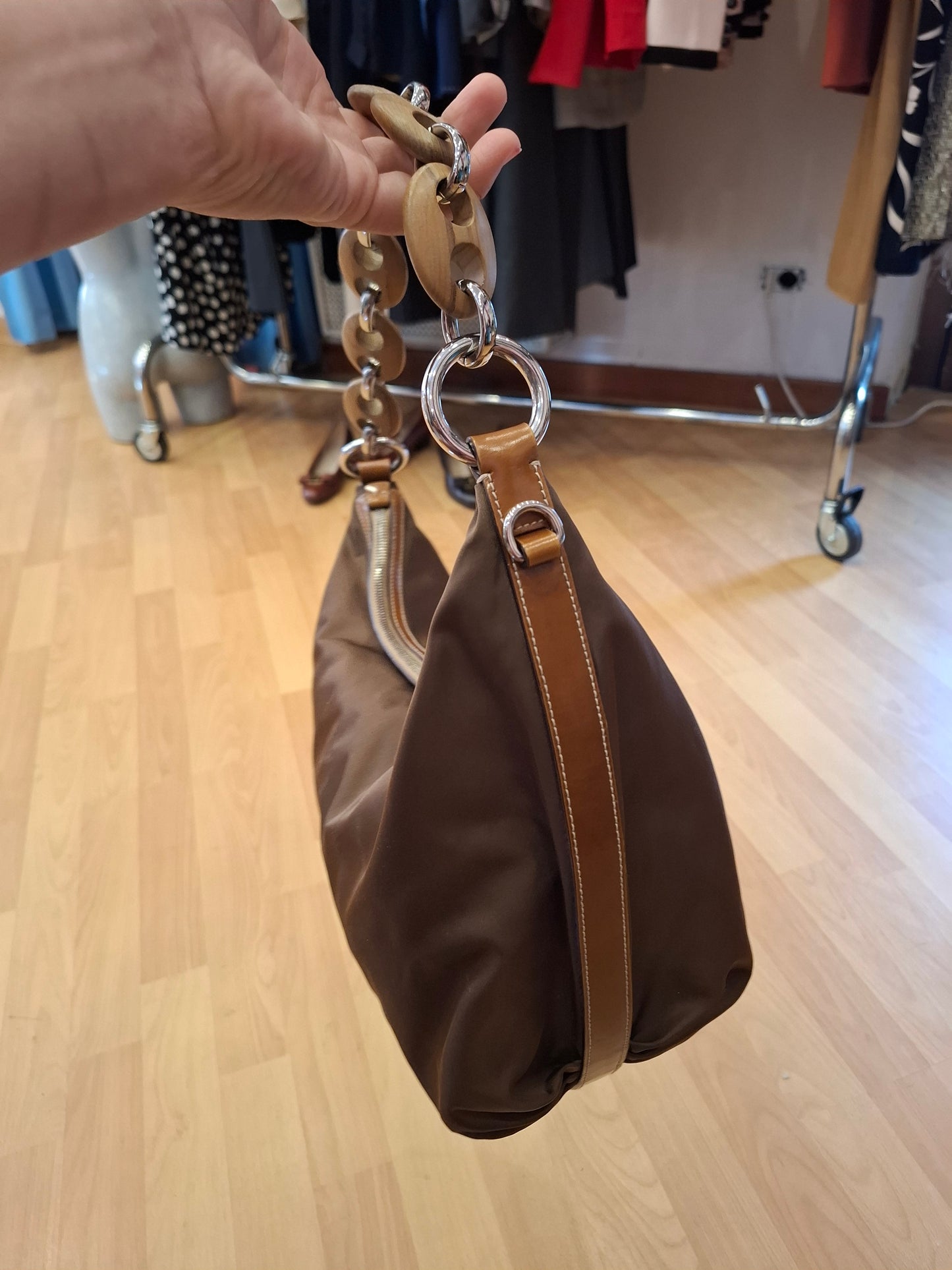 Borsa Prada marrone insertinin legno