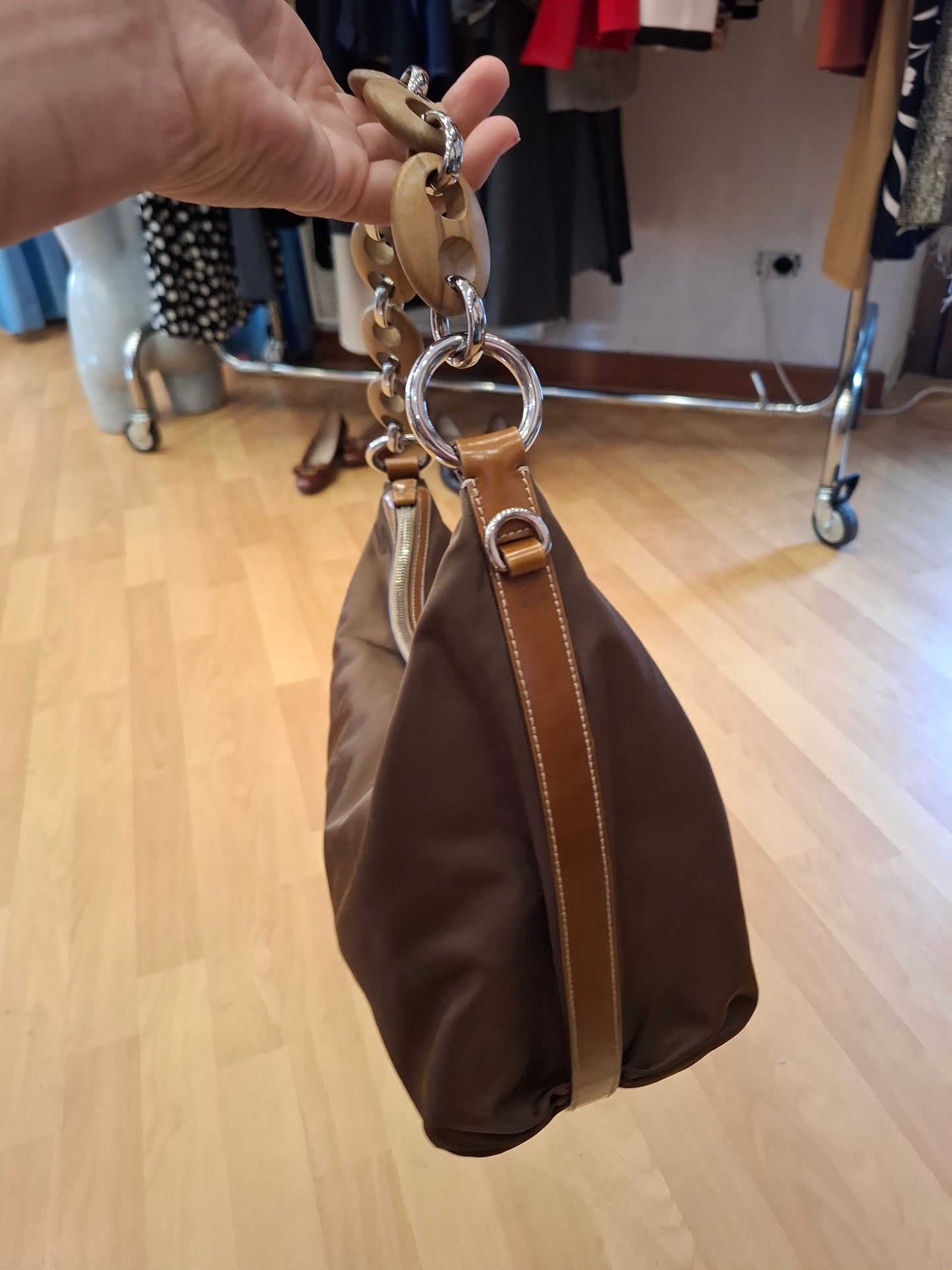Borsa Prada marrone insertinin legno