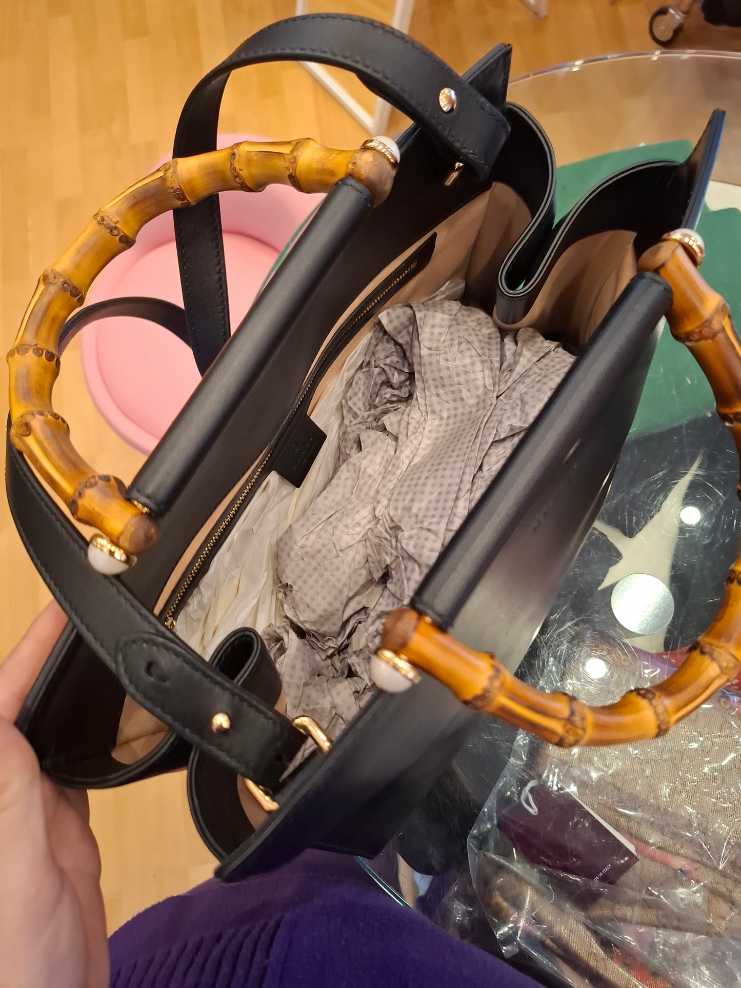 Borsa Gucci pelle nera manici bamboo