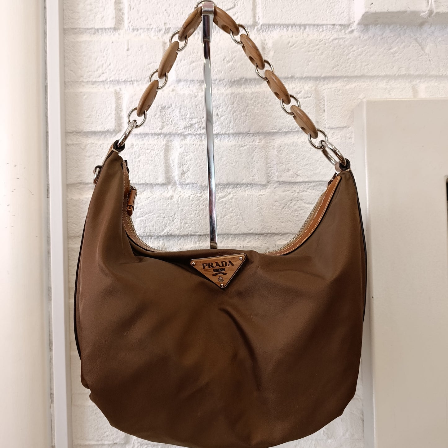 Borsa Prada marrone insertinin legno