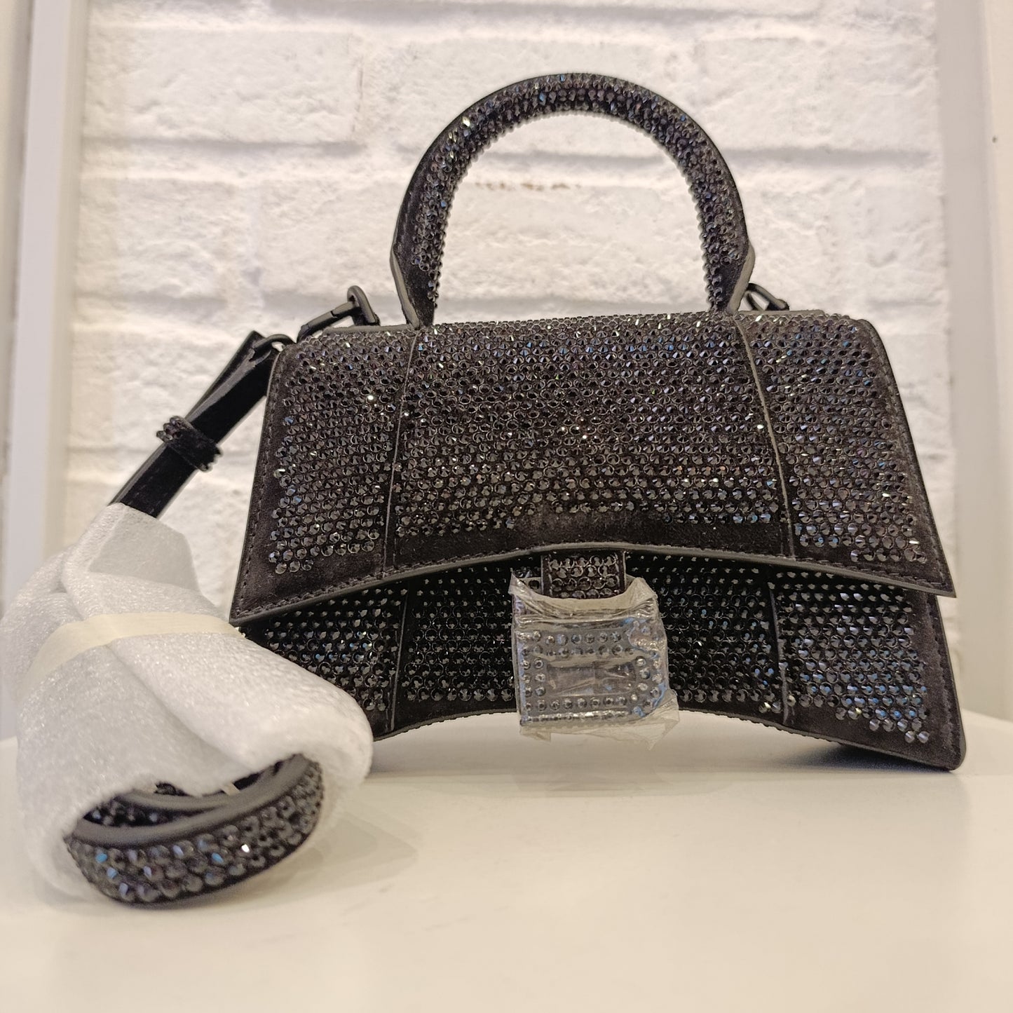 Borsa Balenciaga Hourglass xs con strass nera