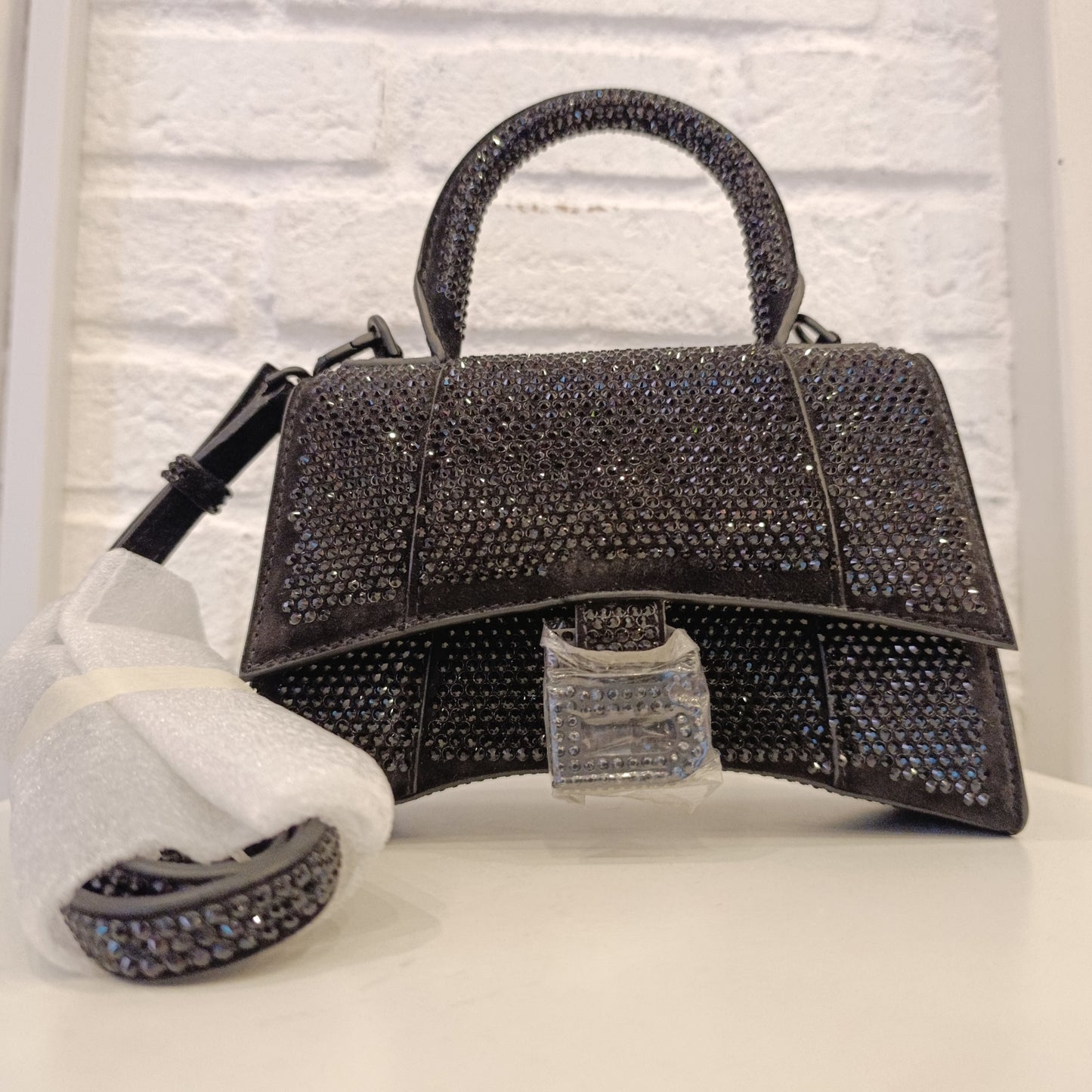 Borsa Balenciaga Hourglass xs con strass nera