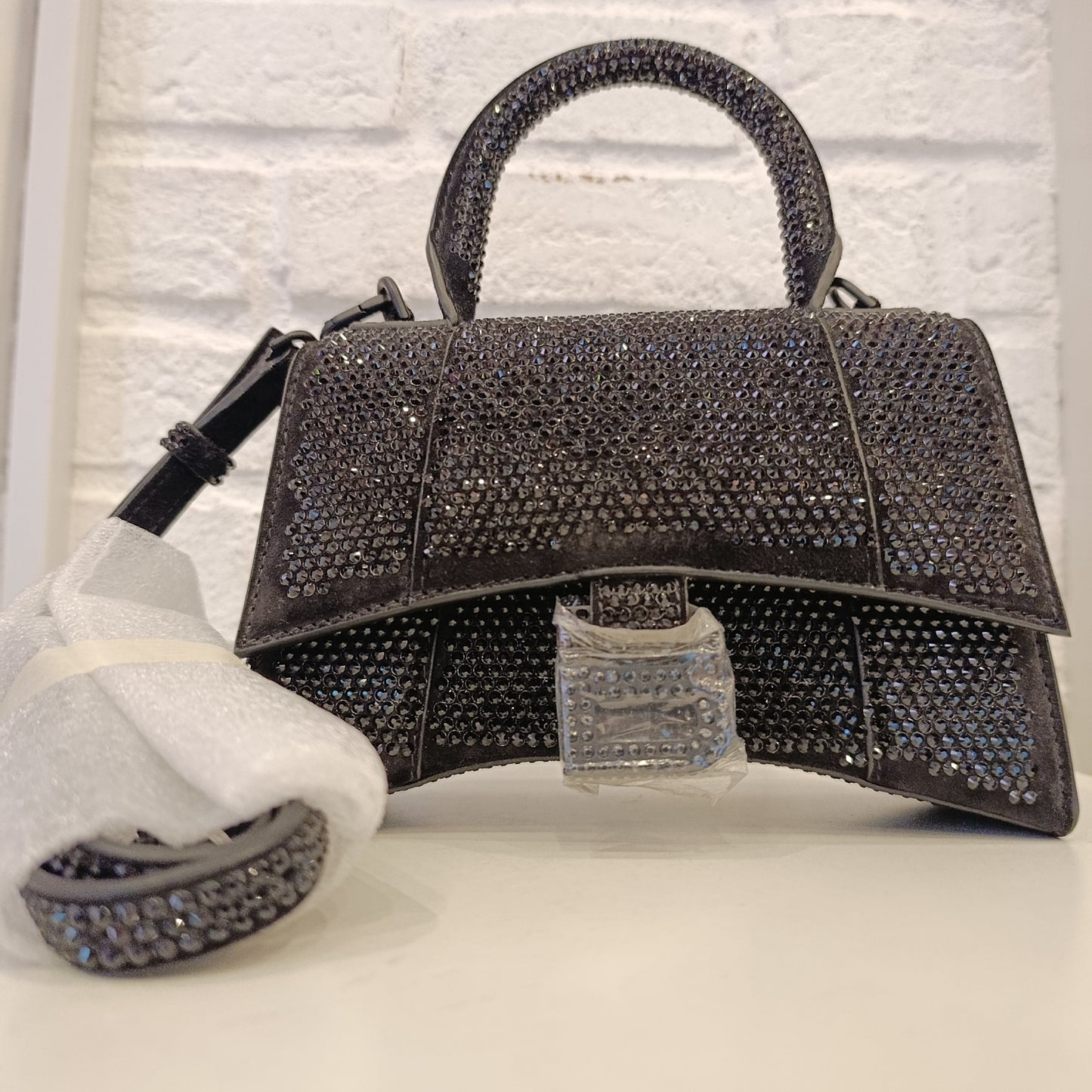 Borsa Balenciaga Hourglass xs con strass nera
