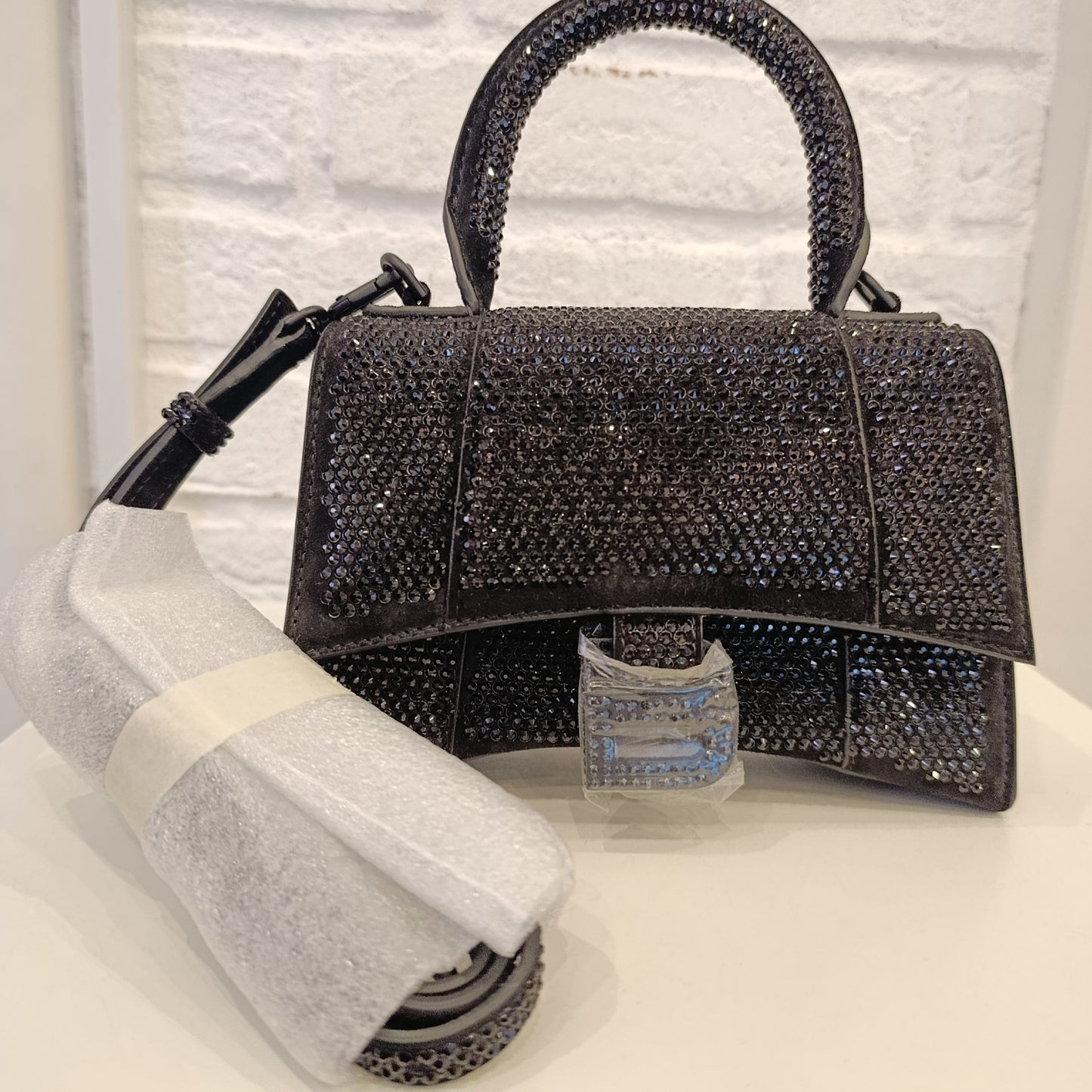 Borsa Balenciaga Hourglass xs con strass nera