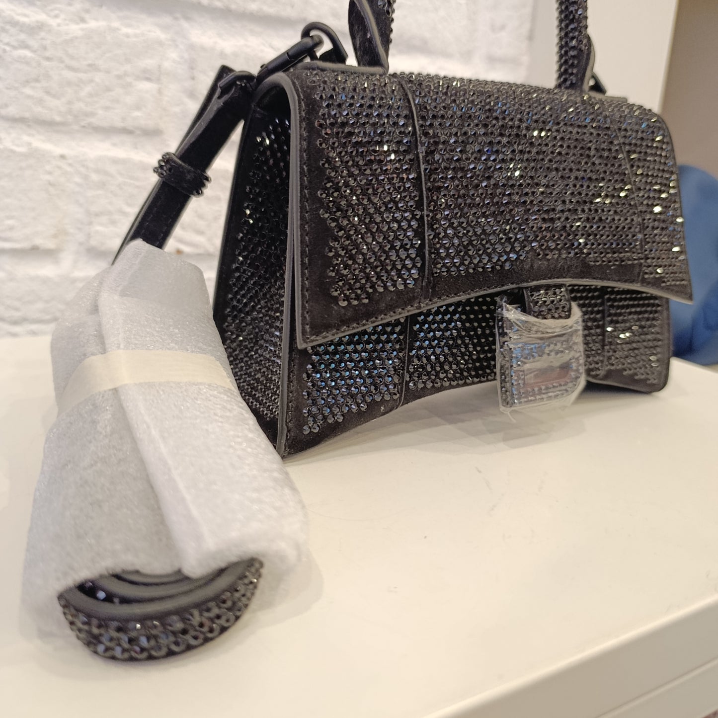 Borsa Balenciaga Hourglass xs con strass nera
