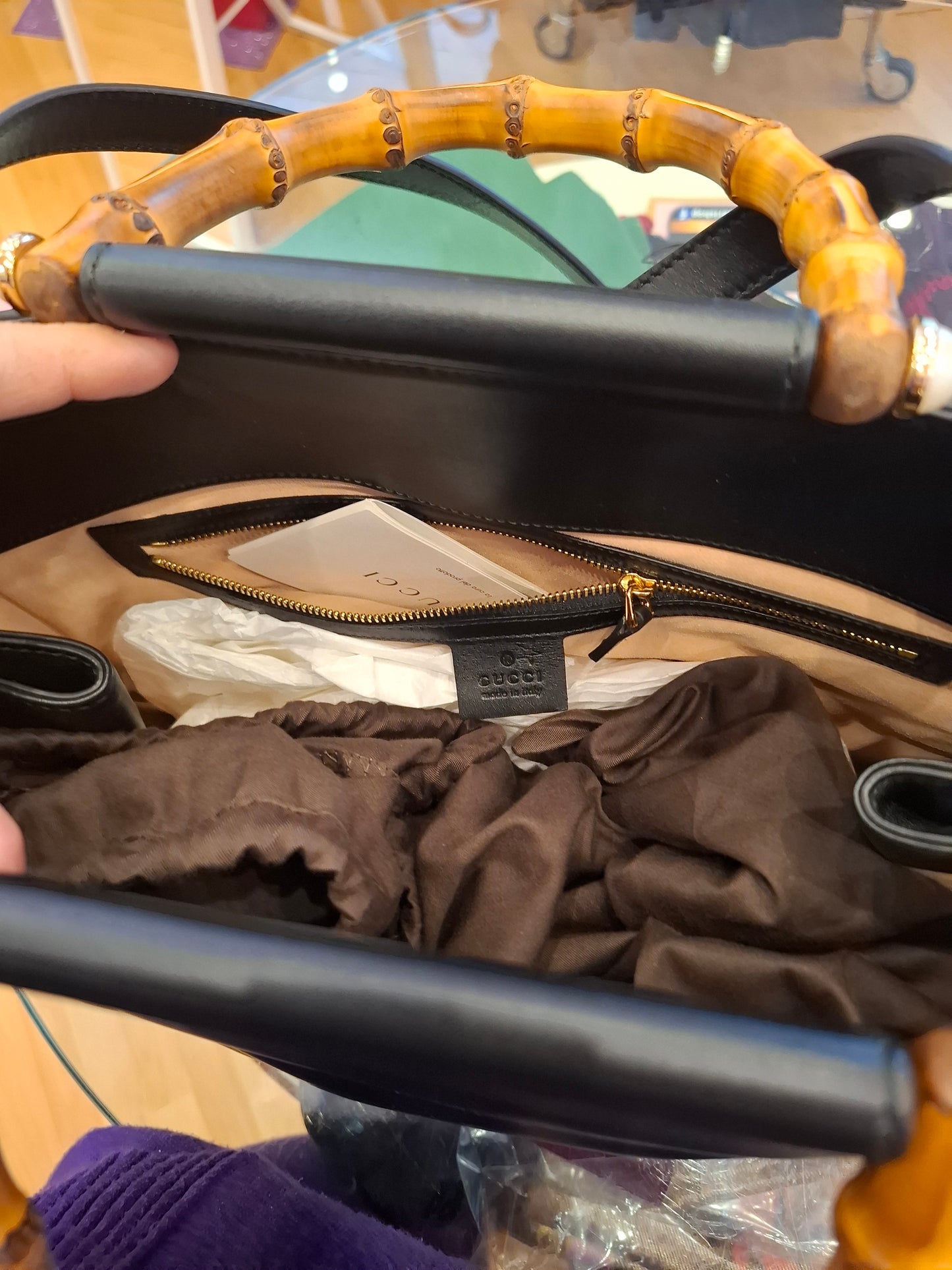 Borsa Gucci pelle nera manici bamboo