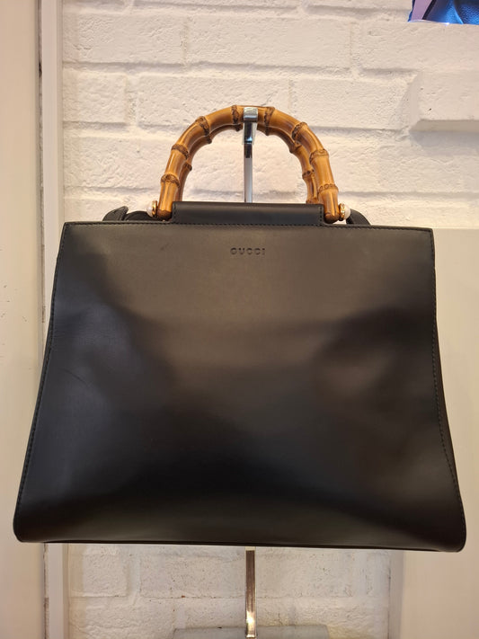 Borsa Gucci pelle nera manici bamboo