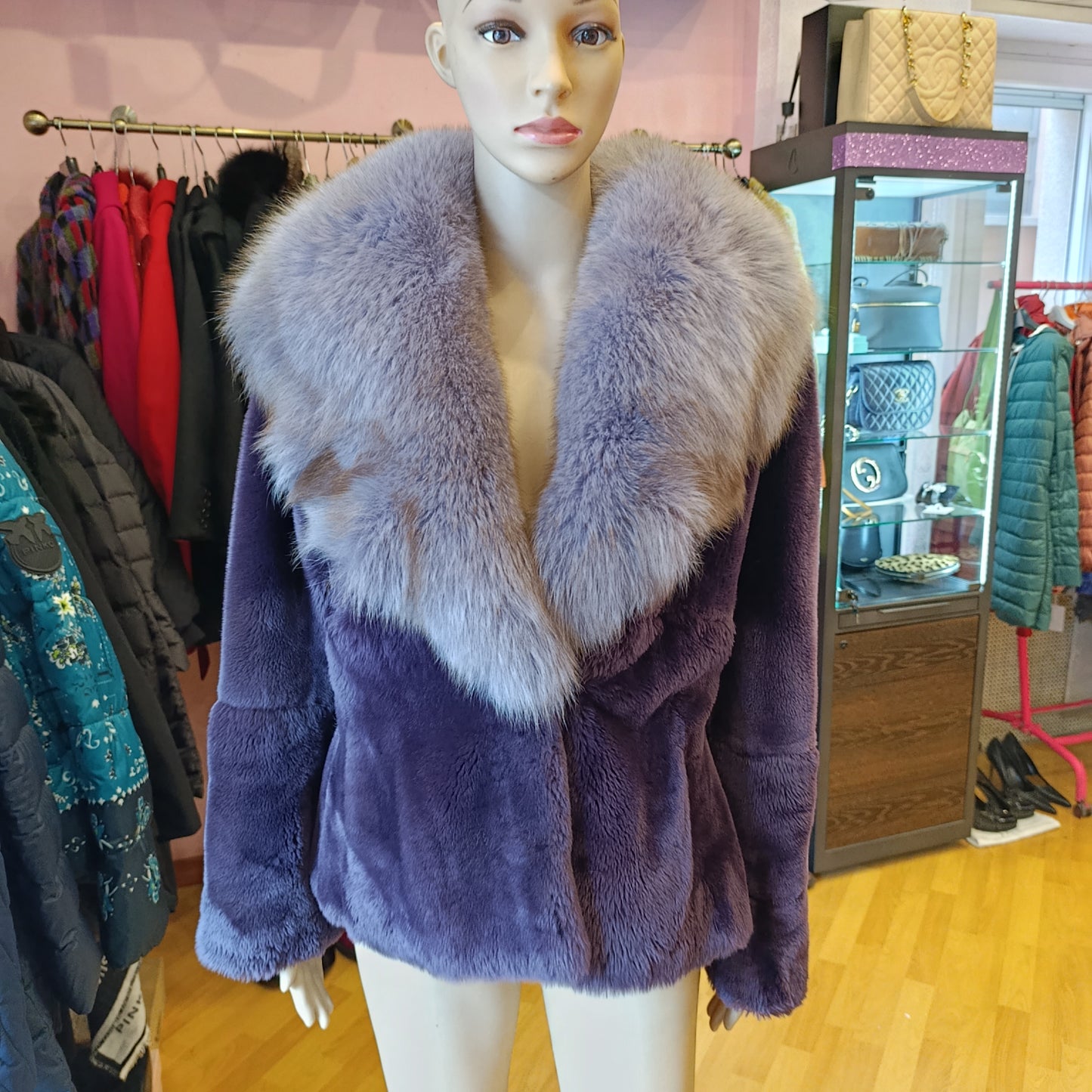 Pelliccia castorino con inserto volpe viola tg S/M