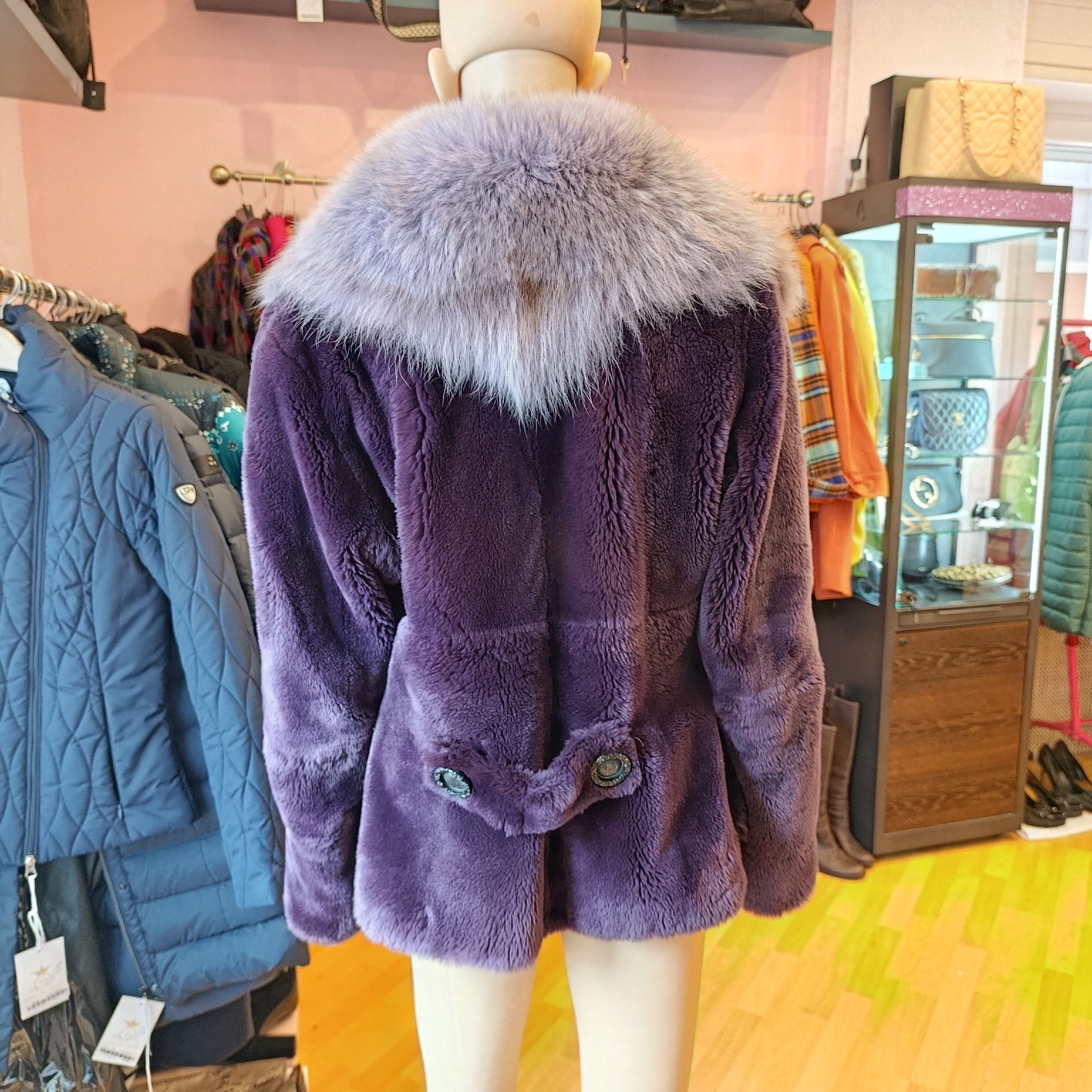 Pelliccia castorino con inserto volpe viola tg S/M