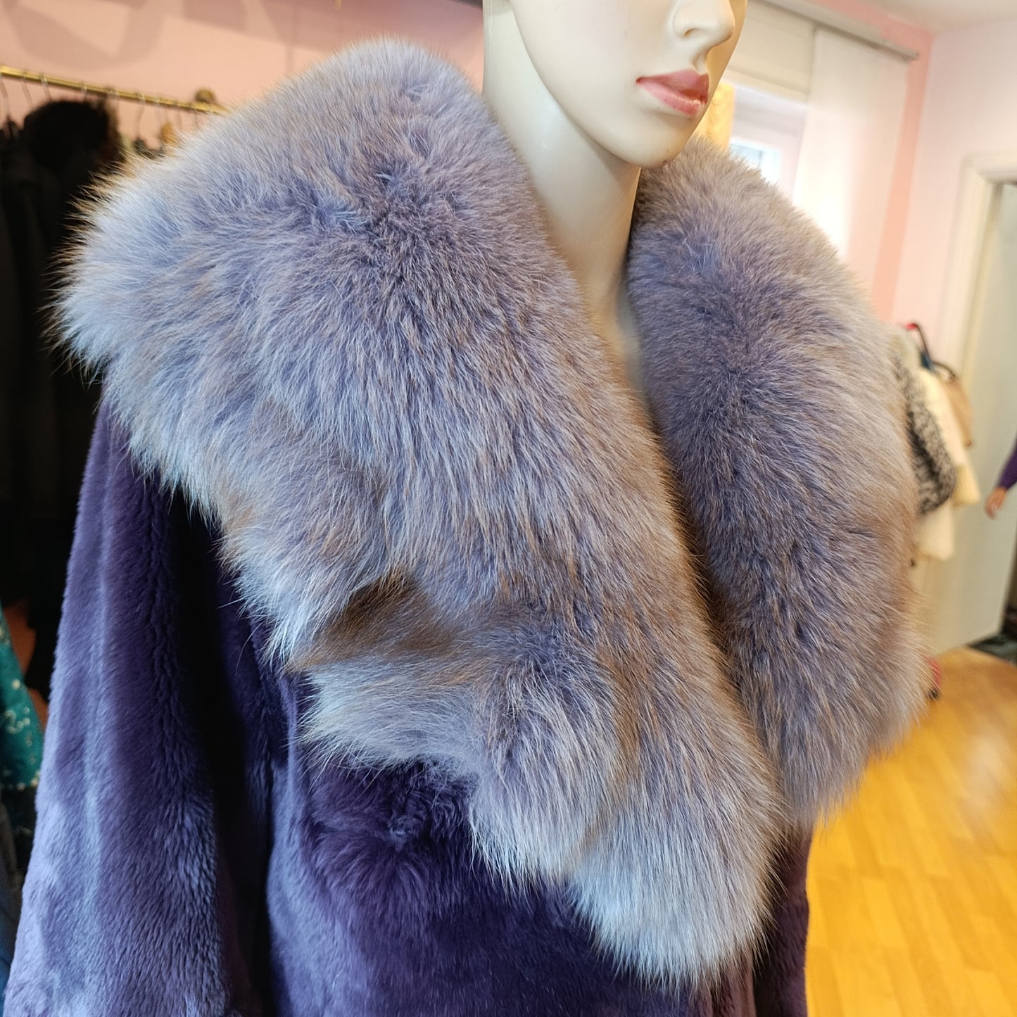 Pelliccia castorino con inserto volpe viola tg S/M