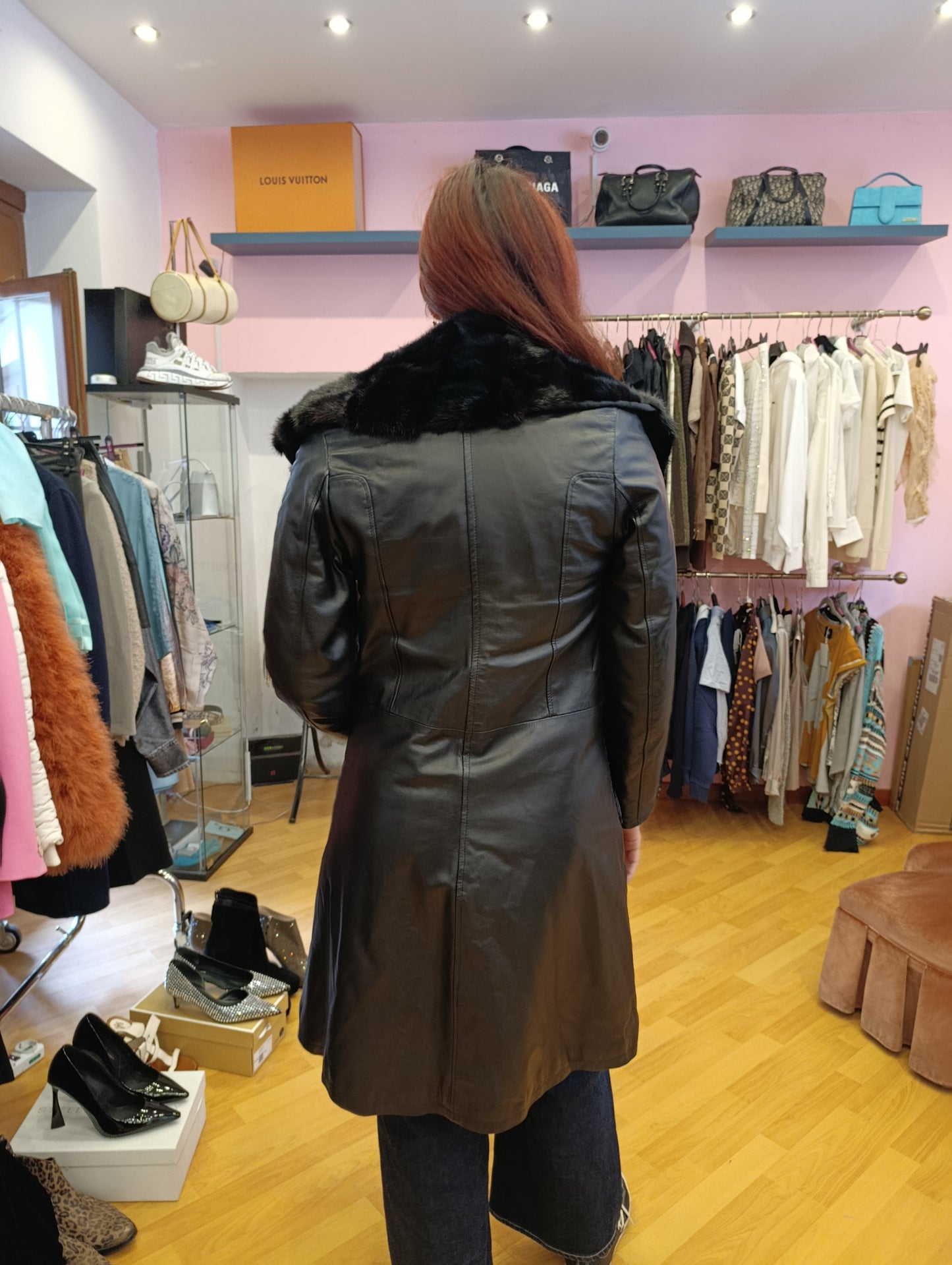 Trench in pelle con inserto in pelo tg 42