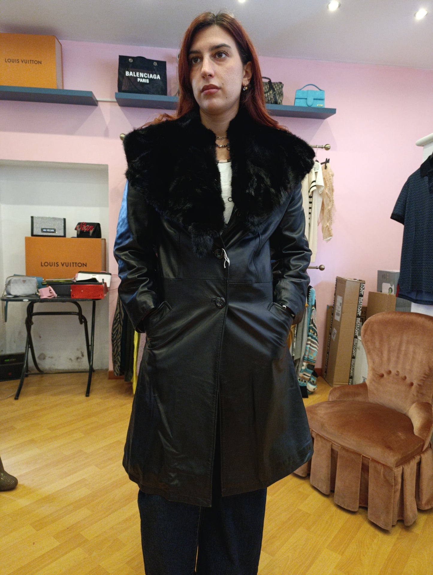 Trench in pelle con inserto in pelo tg 42