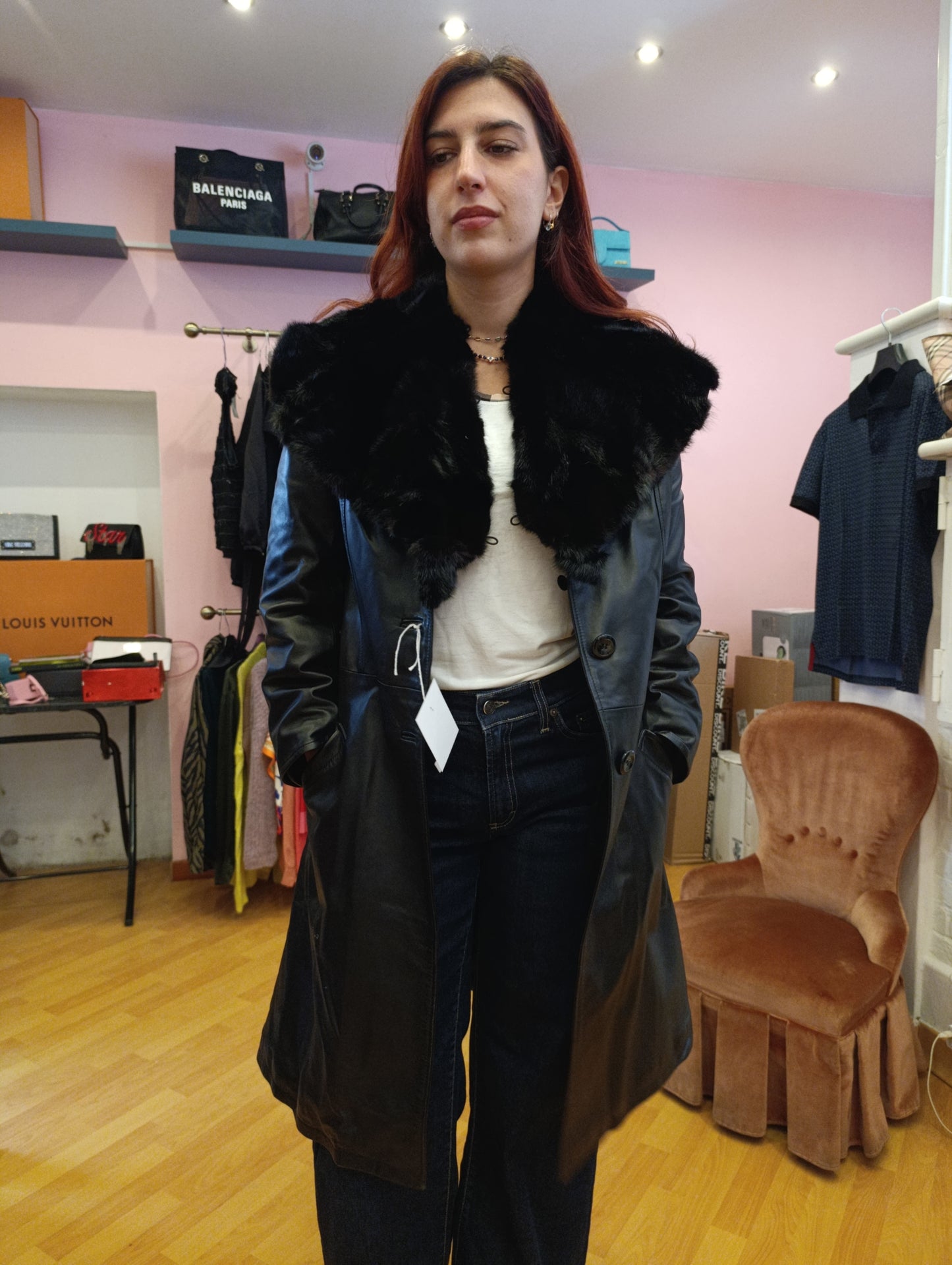 Trench in pelle con inserto in pelo tg 42