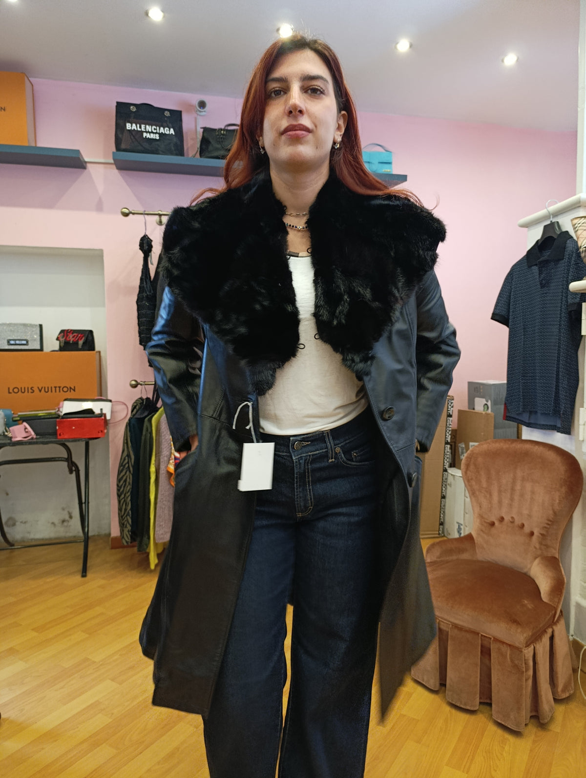 Trench in pelle con inserto in pelo tg 42