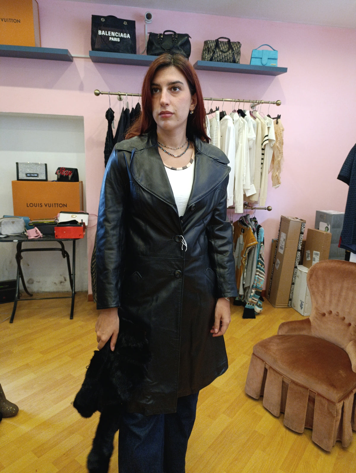 Trench in pelle con inserto in pelo tg 42