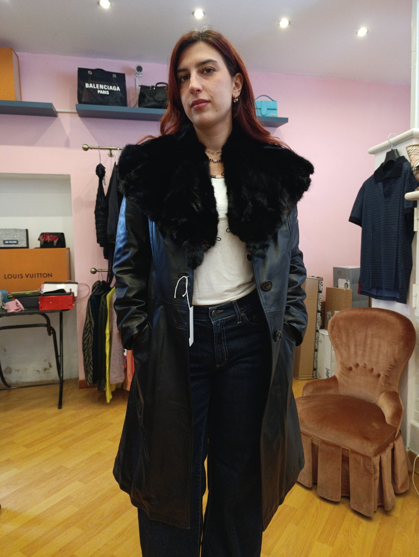 Trench in pelle con inserto in pelo tg 42